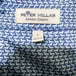 Peter Millar Polo Shirt L Ralph Performance Dachshund Dog AOP Blue Jersey Golf